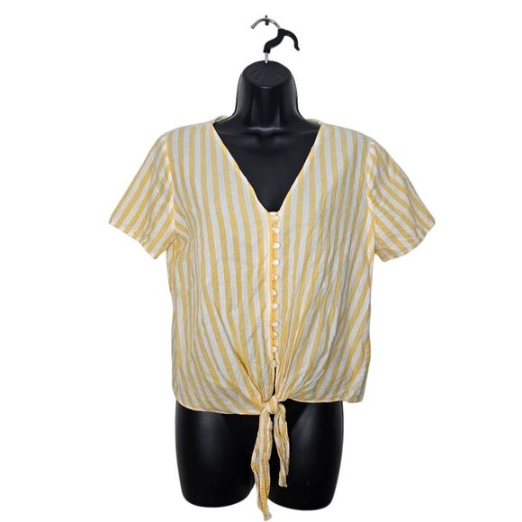 Madewell Striped Tie-Front Button Top Women's Size Small Yellow Short Sleeve - Picture 1 of 3